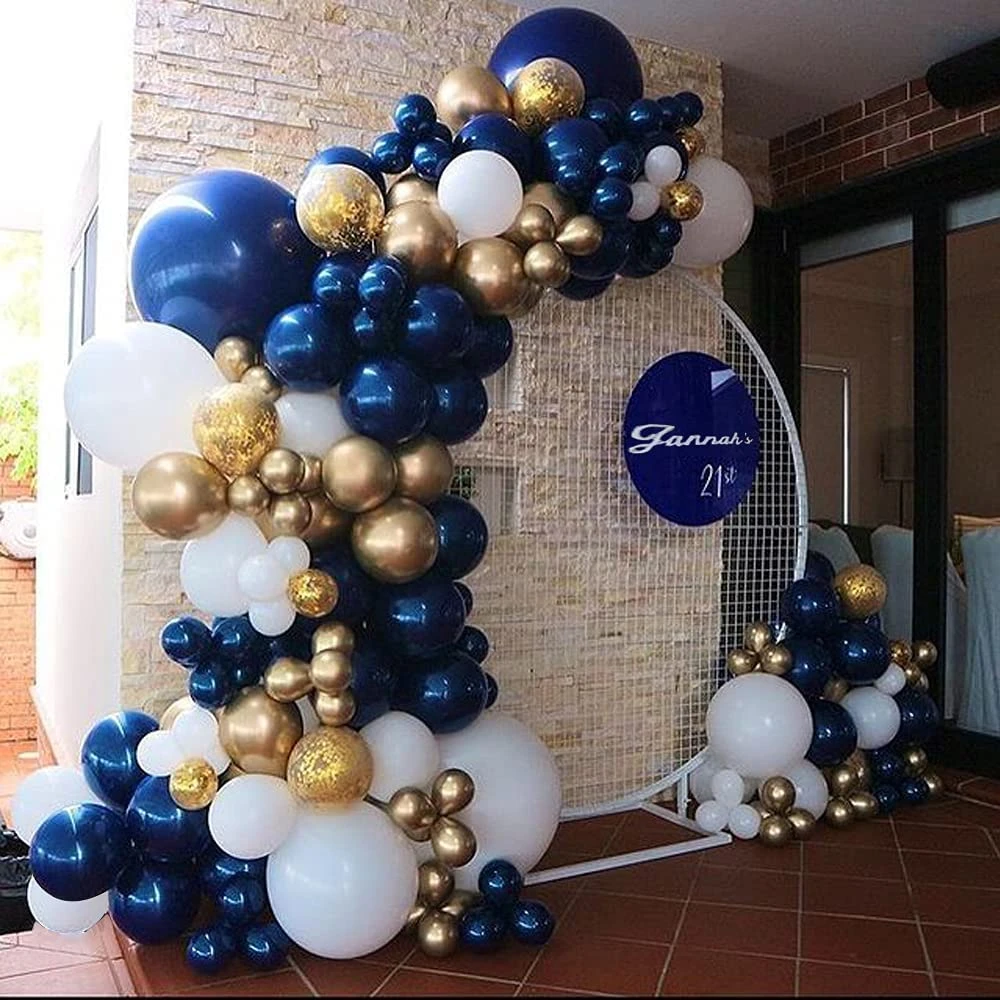 136Pcs Navy Blue White Balloon Garland Arch Kit Metallic Gold Confetti