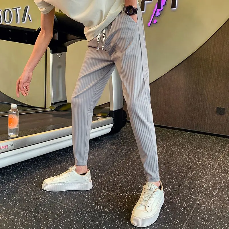 2024 Spring Summer New Fashion High Waist Men's Clothing Shrink Feet Solid All Match Korean Style Casual Loose Rope Hombre Pants