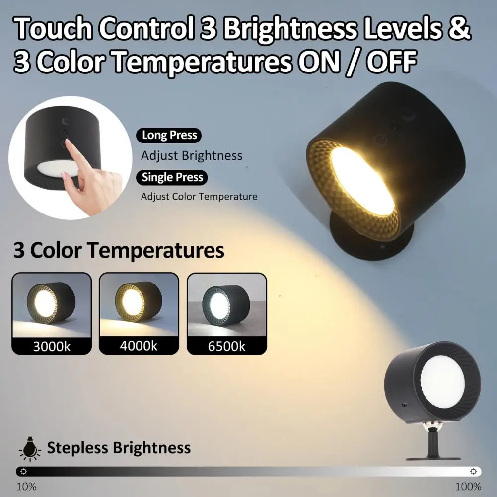 1 Set LED Magnetic Wall Lamp Intelligent 360 Degree Rotation USB Charging 3-Color Temperature Remote Control Long Battery Life L
