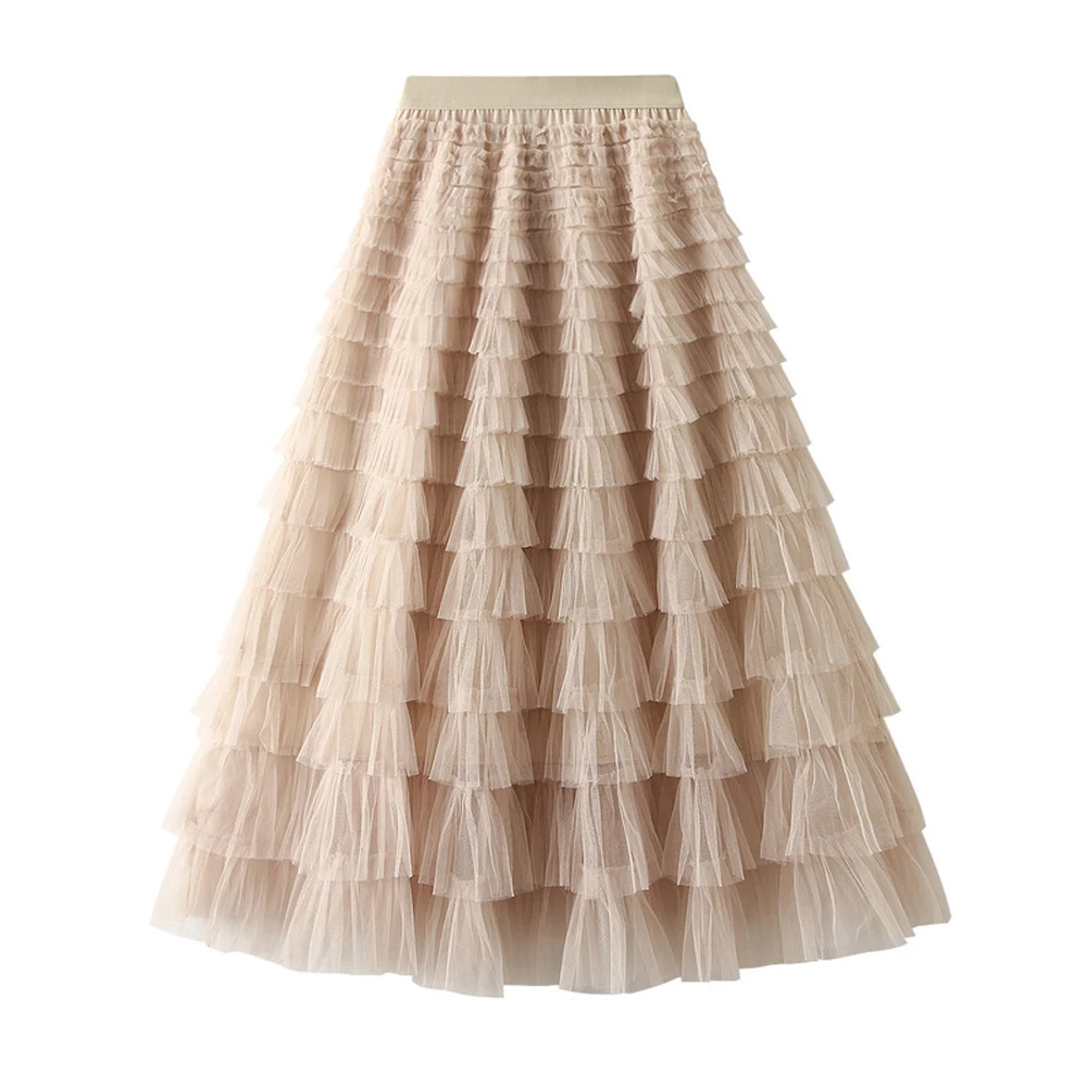

New Mesh Ruffle Skirts Temperament Women's Cake Skirt 2023 New Kawaii Skirt Pleated Fairy Gauze A-line Spring Long Skirts RS1081