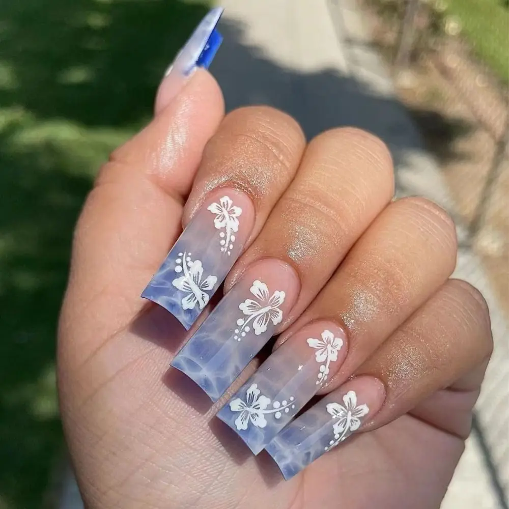 

Blue Wavy False Nails New French Gradient Long Water Pipe Press on Nails Detachable Full Cover Fake Nials DIY