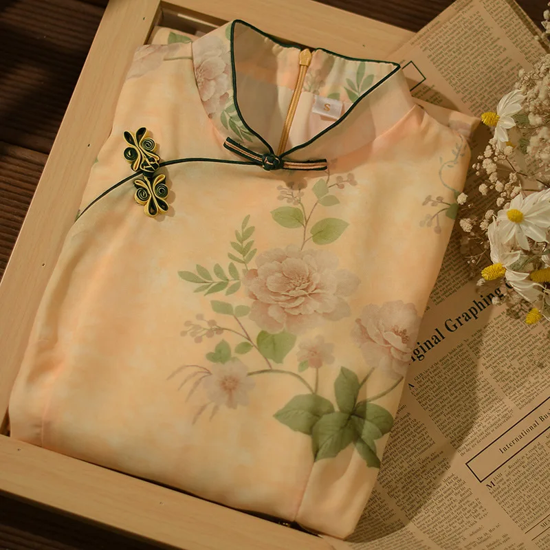 

Женское винтажное китайское Ципао, с цветочным рисунком и коротким рукавом, узкое, Размеры S-2XL
