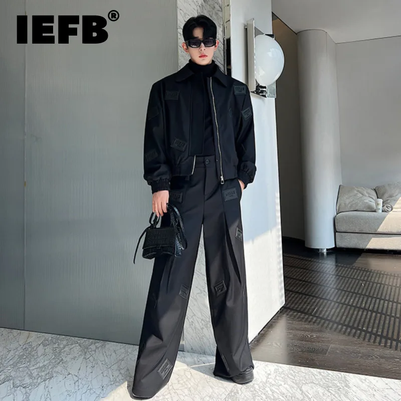 

IEFB Trend Men's Set Fashion Leather Label Niche Design Casual Jackets Two Piece Elgance Korean Straighr Wide Leg Pants 9C2799