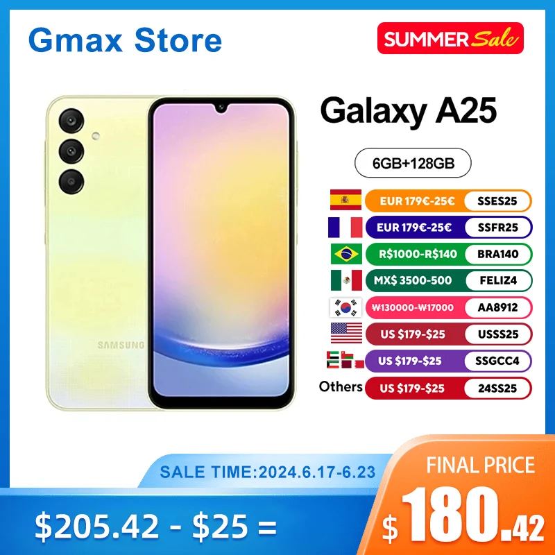 

Samsung Galaxy A25 5G Cell Phones Exynos 1280 Android 14 6.5" 120Hz Super AMOLED Display 5000mAh Battery 25W Wired Charge