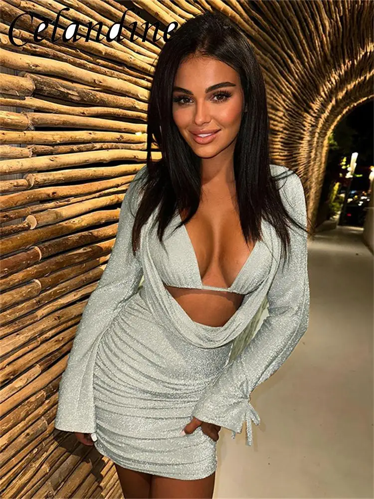 

Celandine Long Sleeve Swinging Collar Sequins Dress With Bra Cut Out Shiny Backless Ruched Sexy Bandage Mini Evening Dressses