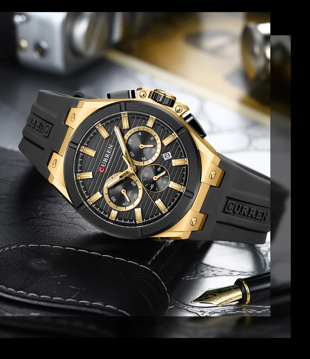CURREN Moder Design 43mm Watch for Men with 3 Sub-Dials Quartz Movement Casaul Silicone Strap Wristwatch Luminous Hands and Date