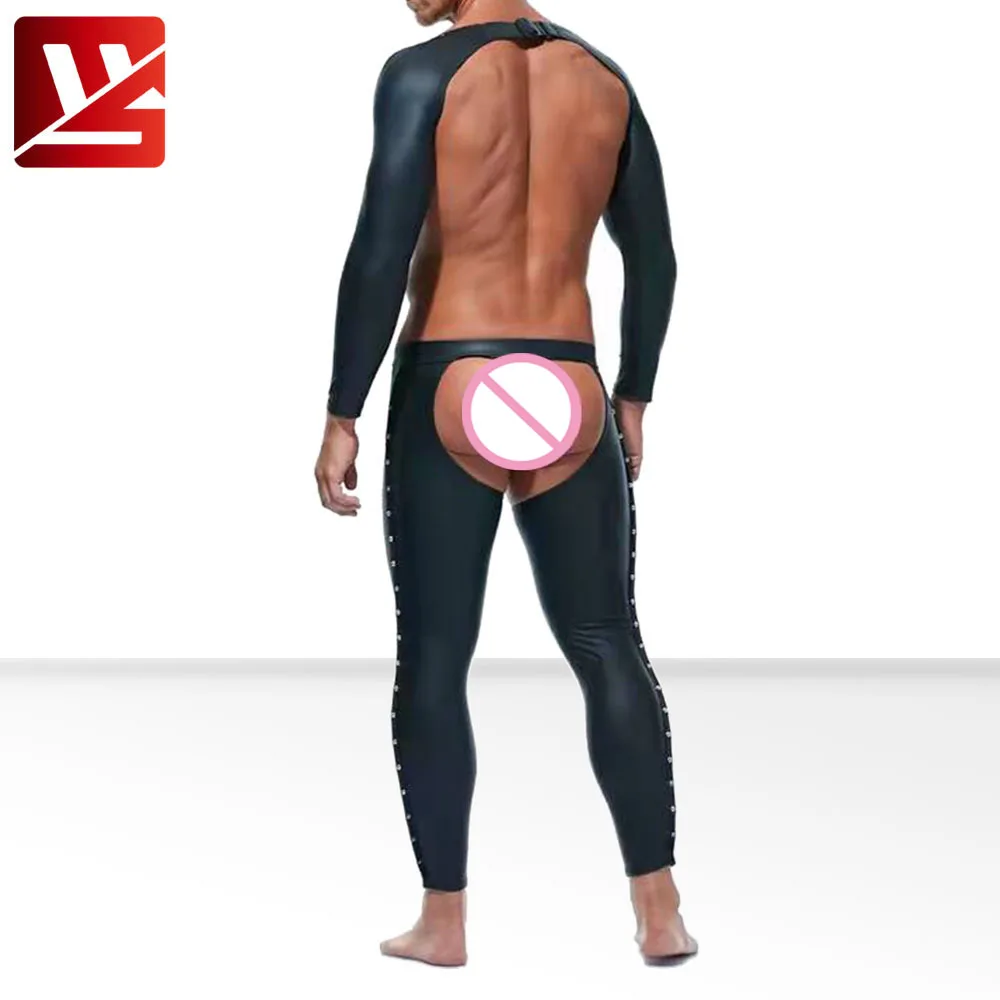 Men Bottoms Leggings Skinny Open Crotch Nightclub PU Leather Pants Sex Appeal Open-Seat Trouser High-Elastic Casual Pencil Pants