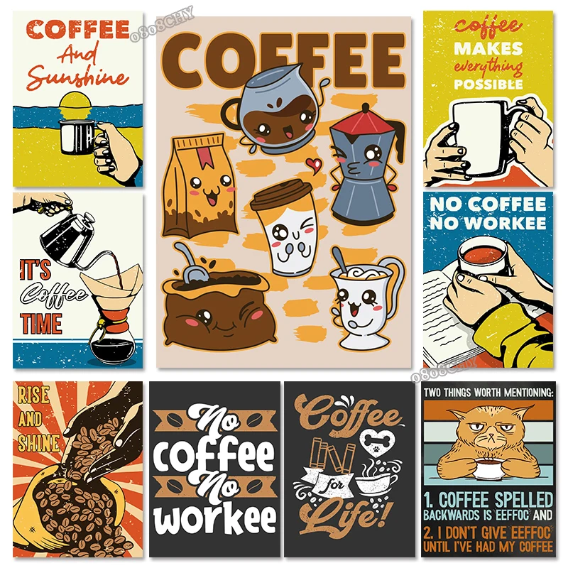 Vintage Coffee Time Qoute Poster E Stampe Canvas Wall Art Painting Kawaii Coffee Set Murale Per Cafe Coffee Shop Home Decor