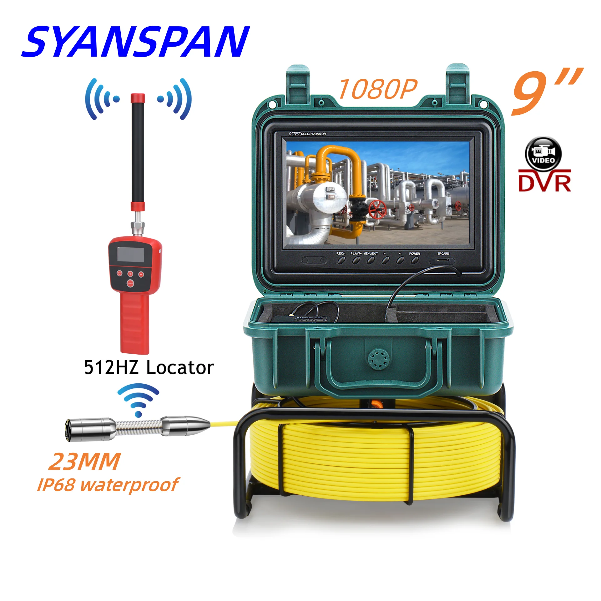Pipeline Inspection Camera 9-inch HD Screen 8X Enlarged Video Recording IP68 Waterproof 23MM Lens 512HZ Transmitter+Receiver