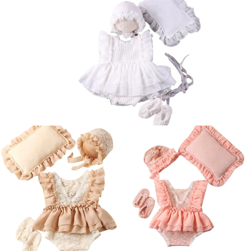 

Newborn Photography Prop Girl Outfits Baby Lace Romper Hat Pillow Shoes Set Infant Photoshoot Skirt Clothes 4-piece/set