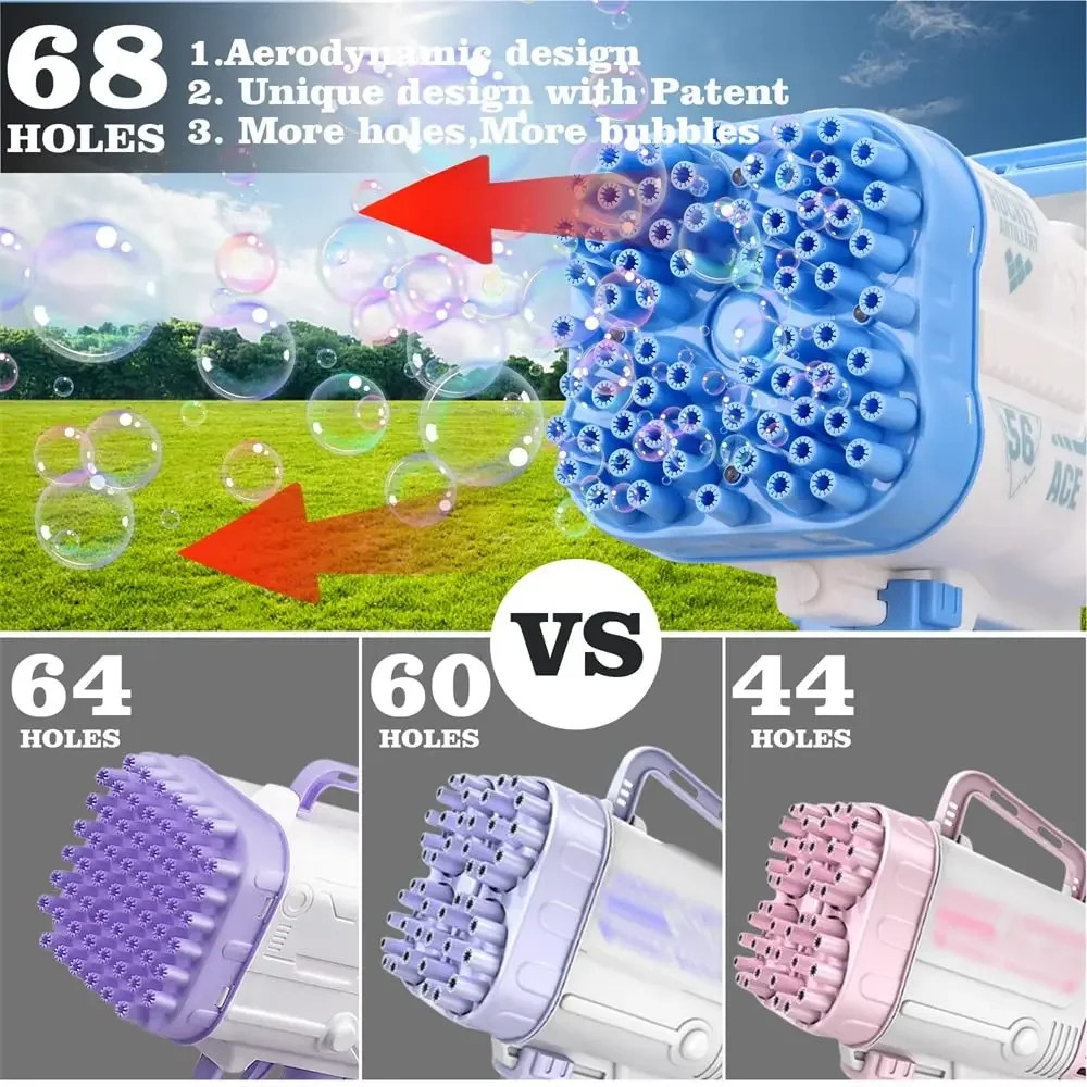 Bazooka Bubble Machine ，2023 Upgrade 68 Holes Rocket With LED Bubble Machine ,Kids Adults Birthday Party Wedding Outdoor Play 4