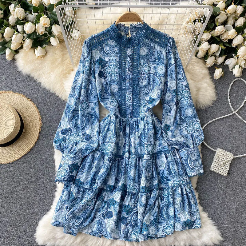 

Women's Spring Autumn Long Sleeve Vintage Short Print Shirt Dress Female High Waist Chic Party A-line Dress TB210
