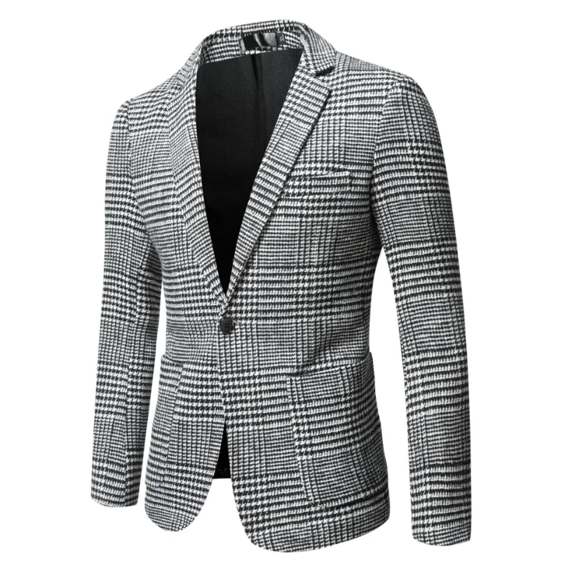 

2022 Autumn Winter New Men's Jacket Casual Slim Woolen Coat Young Male British Suit Long Sleeve Single Button Plaid Outerwear