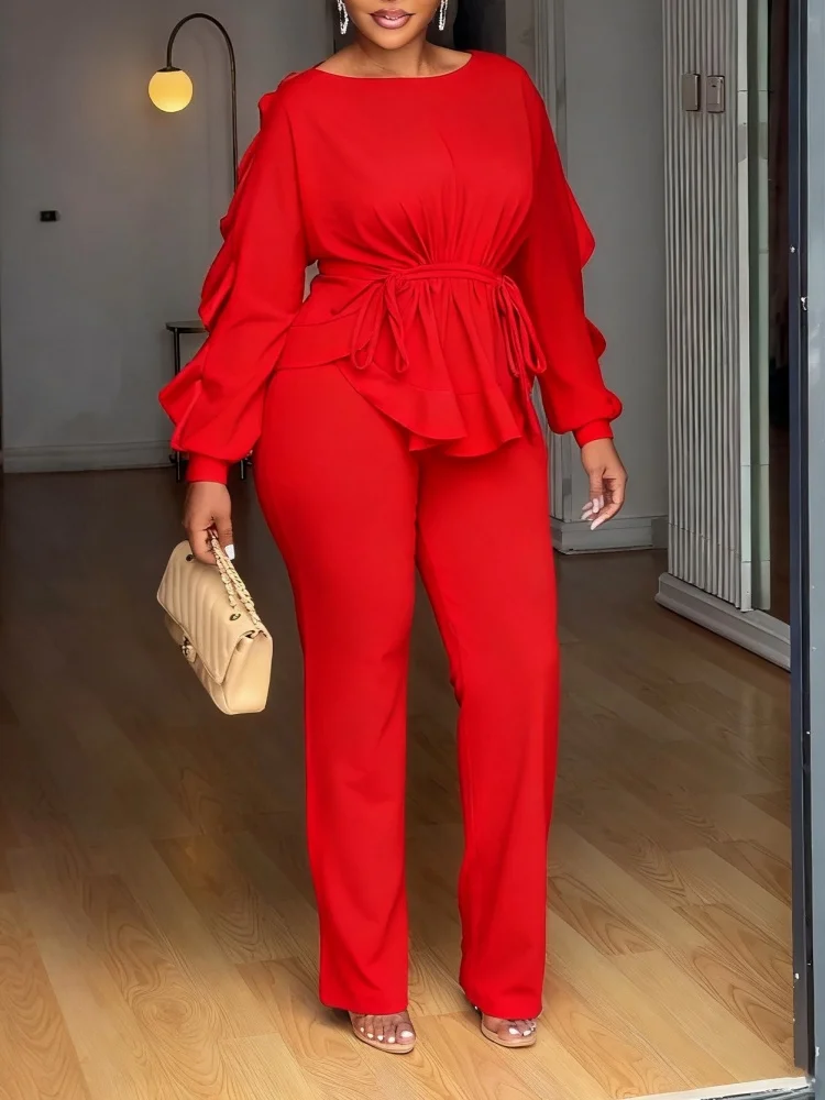 Wmstar Two Piece Set Women Wholesale Elegant Winter Stretch Ruffled Drawstring Long Sleeved Cinched Waist Top Pants Cross Border