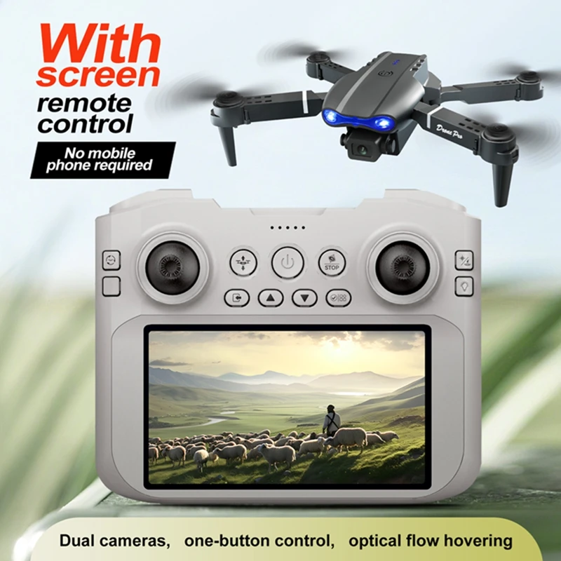 Drone caméra 4K 6K 8K gris posé sur une surface, hélice et caméra bien visibles.