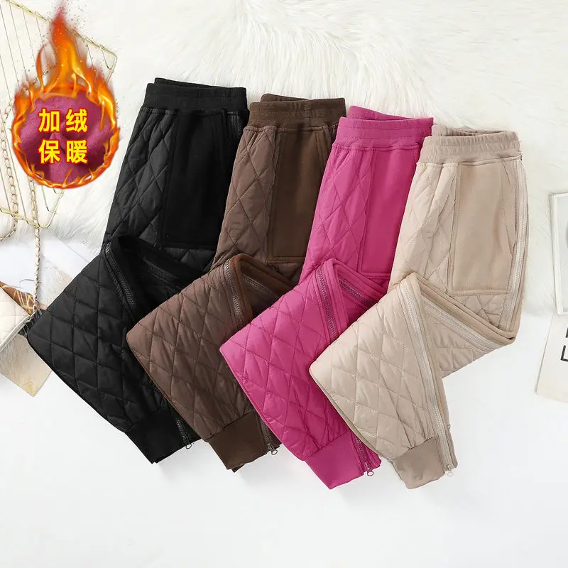 Mom's Winter New High Waist Haren Pants Commuter Fashion Zipper Splicing Fleece and Warm Comfortable Versatile Down Cotton Pants