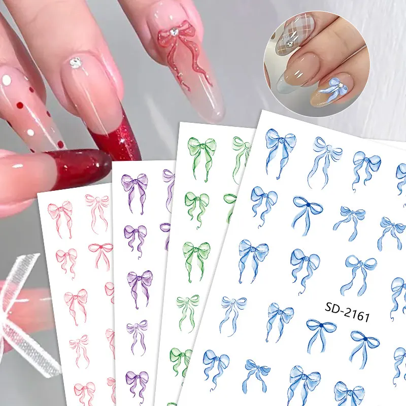 3D French Bowknot Ribbon Nail Stickers Cute White Pink Nail Stickers Self Adhesive Manicure Decorations DIY Nail Accessories 3