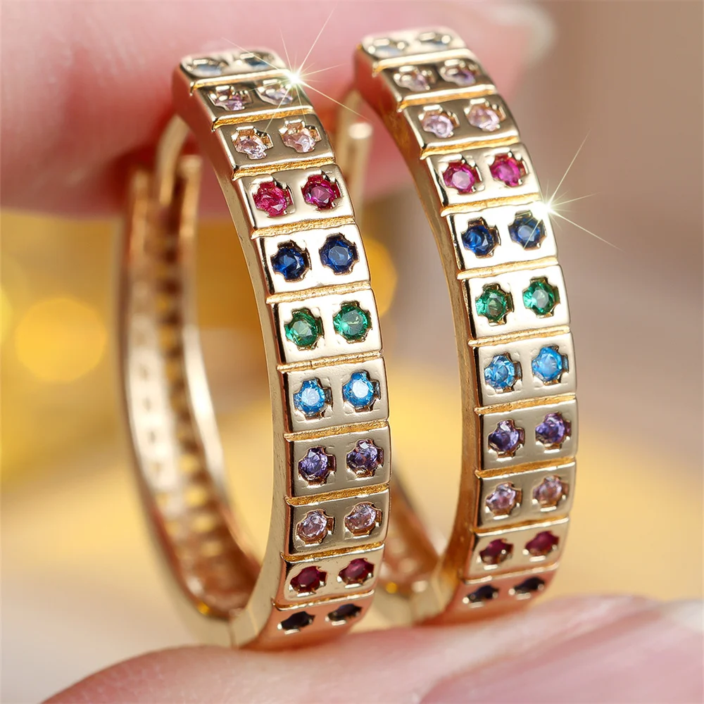 Double Row Rainbow Zircon Small Round Stone Hoop Earrings For Women Vintage Gold Color Ear Buckle Wedding Jewelry Valentine Gift