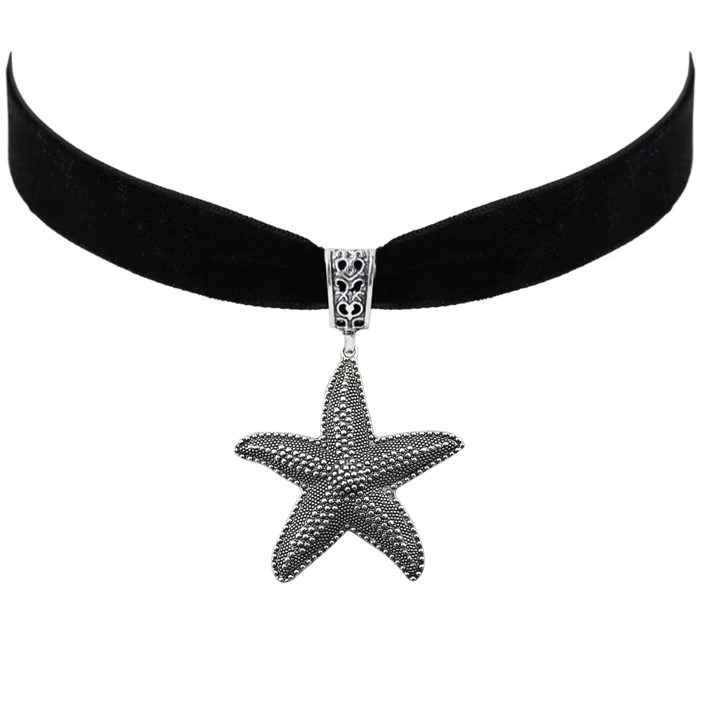

Big Starfish Pendant Choker Black Velvet Necklace Antique Silver Color Marine Animals Creative Fashion Charms Jewelry For Women