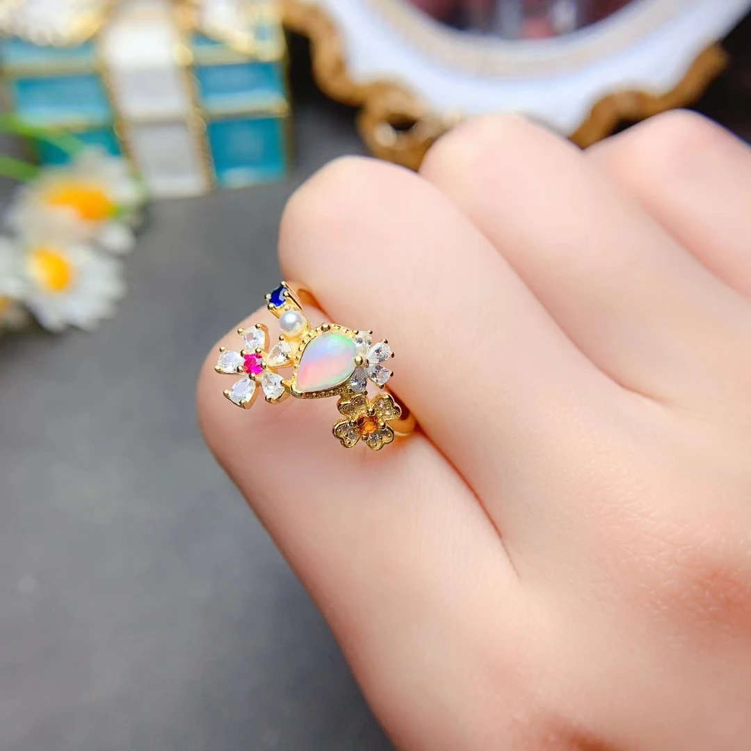 MeiBaPJ 5mm*7mm Natural Opal Gemstone Fashion Colorful Ring for Women Real 925 Sterling Silver Charm Fine Wedding Jewelry