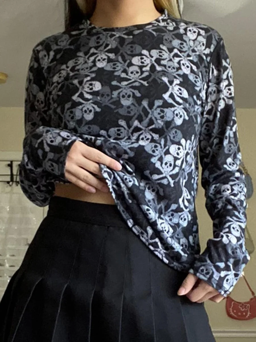 

Top Woman Clothing Gothic T-shirts Spring Autumn 90s Vintage Clothes Skull Print Slim Long Sleeve Tees y2k Streetwear