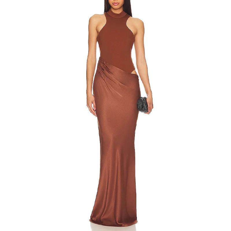 Sexy Slim Patchwork Coffee Colored Women Dress Summer Retro High Necked Sleeveless Long Dress Vacation Party Bag Buttocks Skirt 6
