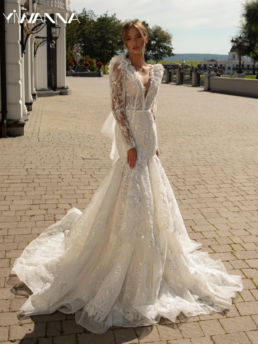 

Sexy Deep V-neck Backless Wedding Dress Sparkly Beads Appliques Bride Robe Elegant Mermaid Long Bridal Gown Robe De Mariée