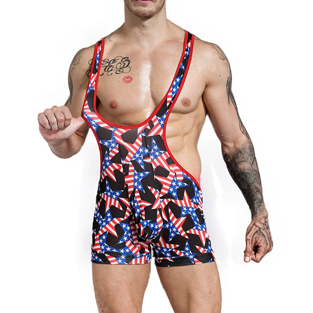 

Sexy Men Undershirt Printing Wrestling Singlet Boxer Short Jumpsuit Suspender Teddies Underwear One-Piece Bodysuit Boxers