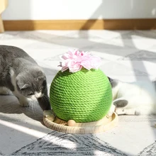 Wear-Resistant Woven Sisal Cat Scratch Cactus Ball Wood Base Pet Interactive Toy Scratching Post Funny Scratcher Board Supplies