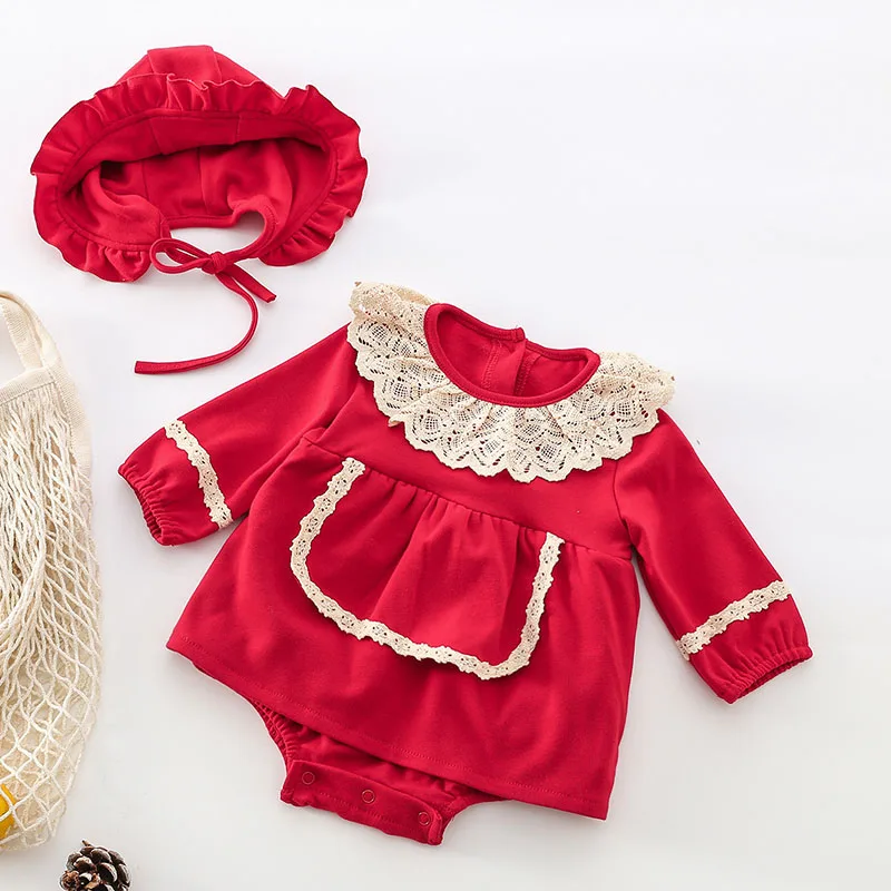 

Toddler Baby Girl Dress Romper+Hat Lace Stitching Cotton Long Sleeve Infant Baby Girls Jumpsuit Spring Autumn Baby Girls Clothes