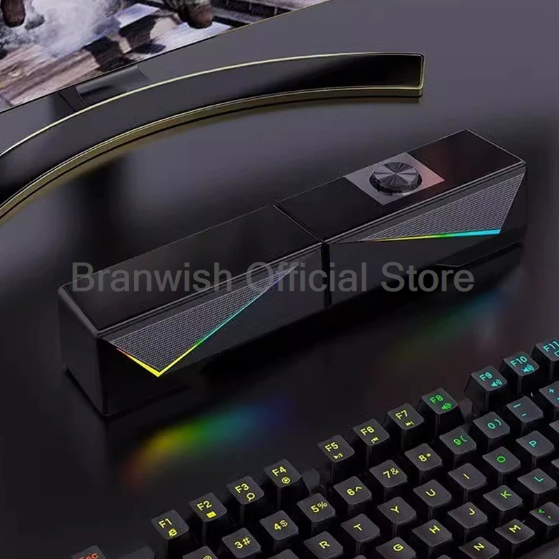 RGB 게이밍 사운드바, 탈착식 디자인 노브 컨트롤 스피커, USB 전원 3D 라이트 사운드 박스 (가정용 컴퓨터 PC 데스크탑)