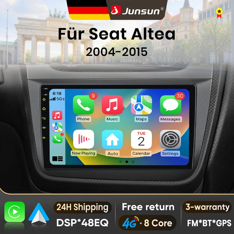 Radio para Auto Junsun de 9 Pulgadas con Android 15 para Seat Altea 2004-2015, Inalámbrico para Apple CarPlay, Pantalla Táctil IPS, Reproductor Multimedia Estéreo, Sistema Inteligente Automotriz, 2 Din, Autoradio, Unidad Principal, Navegación GPS, BT, 4G, WIFI, 8 Núcleos, FM, AM, DSP, RDS, SWC, DAB+ 1
