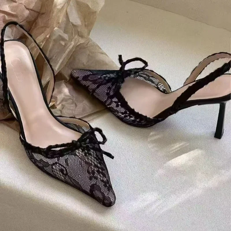 Women's High Heel Sandals Leopard Print Lace Pointed Toe Bow Heels Women Sexy Dress Designer Style Summer Zapatillas De Mujer 6