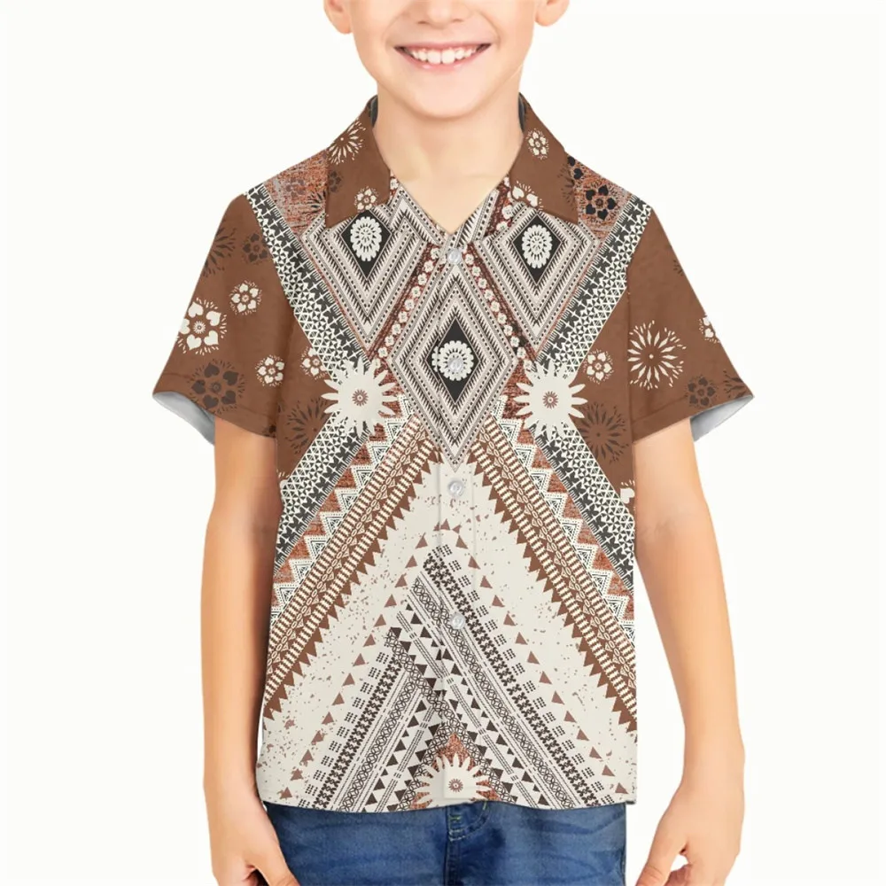 

Samoan Cool Tapa Flower Print Custom Turn-Down Collar Shirt For 5-16 Years Casual One Button Shirts Polynesian Tribal Clothing