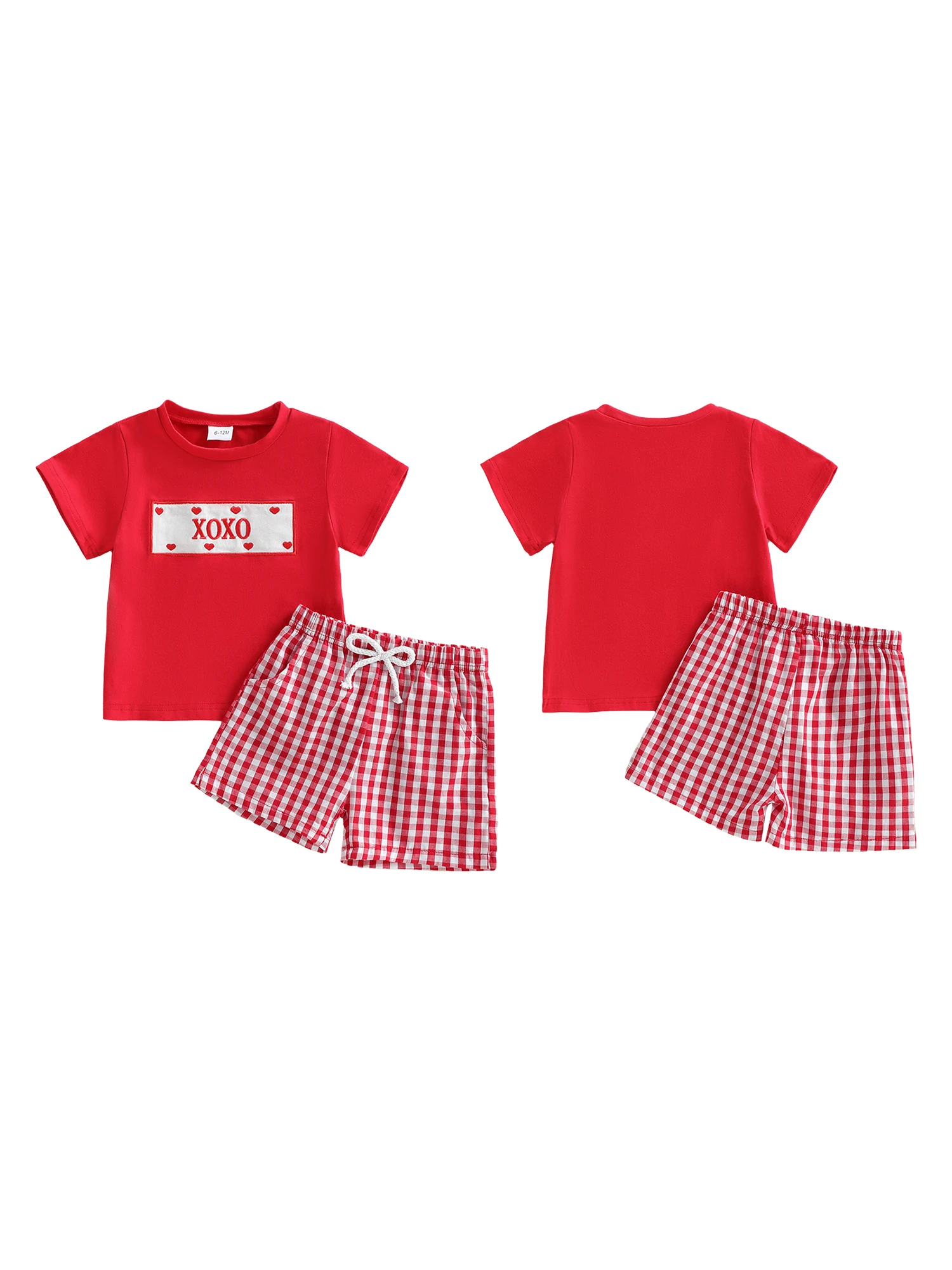Children s Summer Ensemble Embroidered Short-Sleeve Tee and Plaid Shorts Set for Valentine s Day Outfit