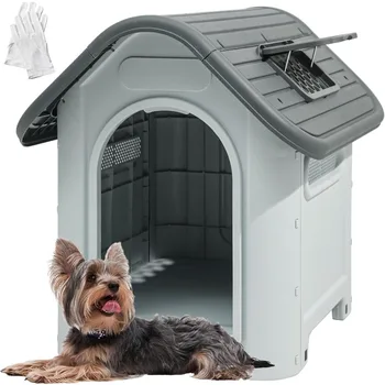 Plastic Foldable Dog House for Small Dogs, Waterproof Folding Pet House with Adjustable Top Window and Elevated Base 1