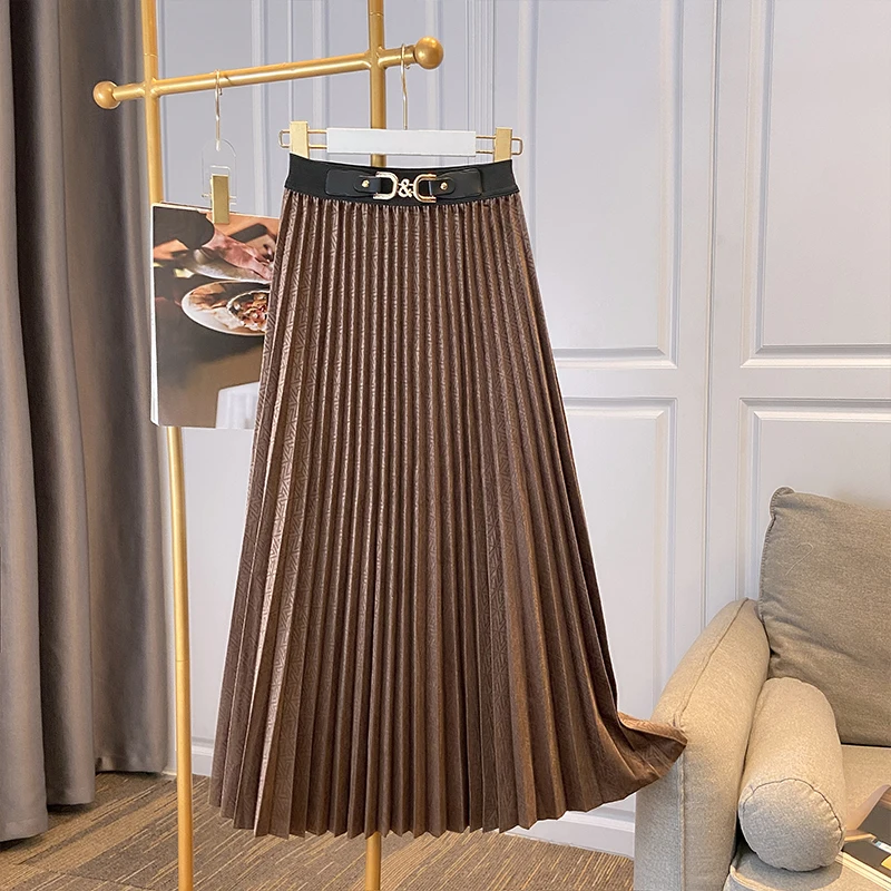 

Женская длинная Плиссированная юбка средней длины, элегантная офисная трапециевидная юбка с высокой талией и золотым поясом в Корейском стиле на осень, T333