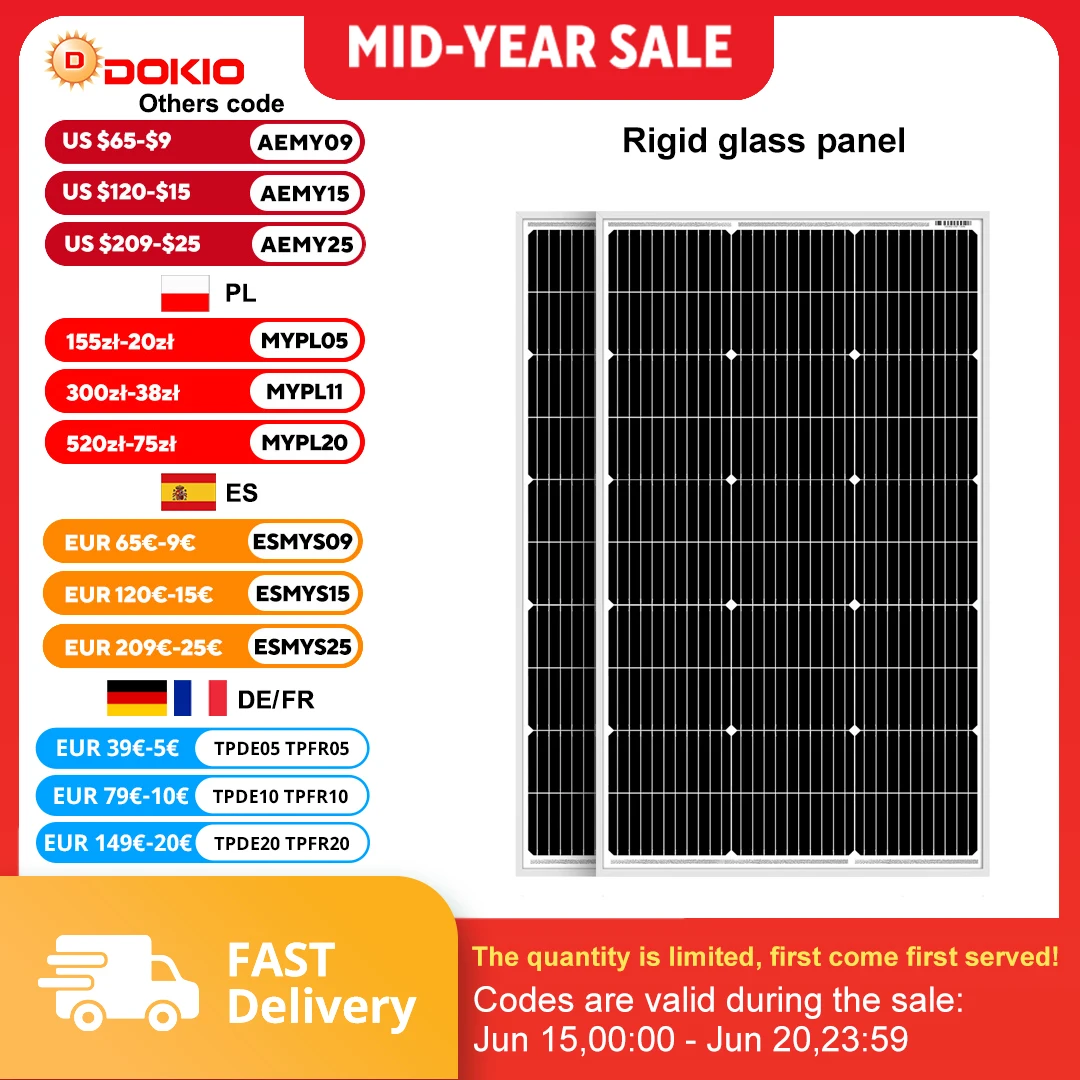 DOKIO 18V 100W 200W Rigid Solar Panel China Monocrystalline Waterproof Solar Panel Charging 12V #DSP-100MX2 Camping/Home/RV