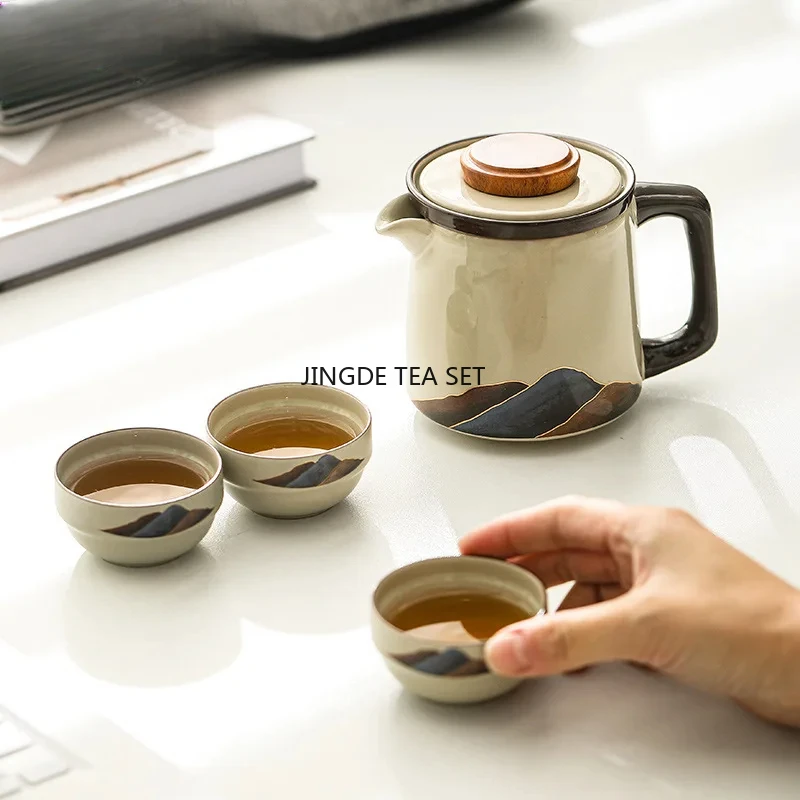 Mountain and River Grass Grey Tea Set 1 Pot 3 Cups Camping Travel Tea Set Portable Handbag Tea Accessories