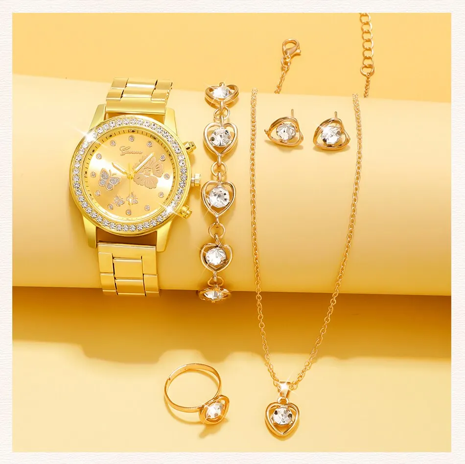 S0733cee604af4d1792f6460f050efda2j 6PCS Set Gold Luxury Watch Women Ring Necklace Earring Rhinestone Fashion Wristwatch Casual Ladies Bracelet Watches Montre Femme Mallzona
