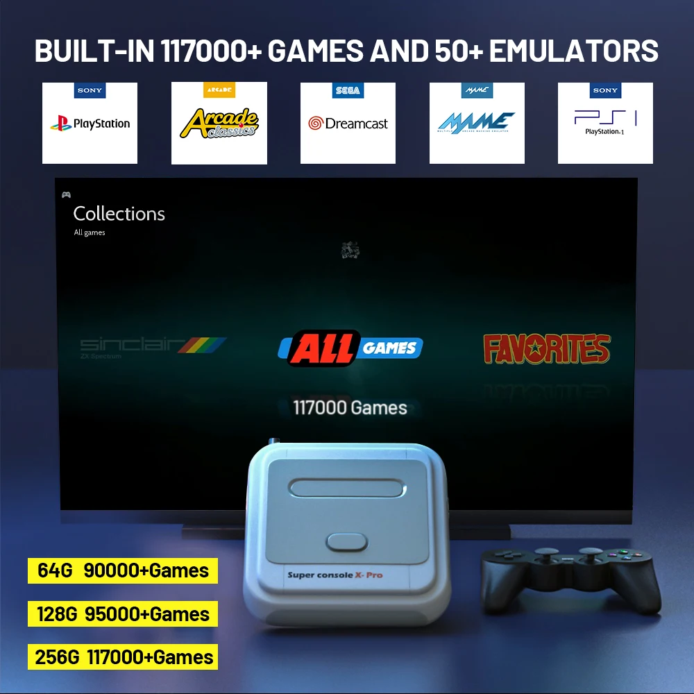 Super Console X Pro Retro Video Game Console Built-in 50+ Emulators 117000+Games for PSP/PS1/N64/DC 4K HD TV BOX with Controller