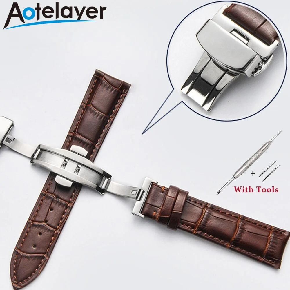 Elegant Leather Watch Band with Double Press Butterfly Clasp