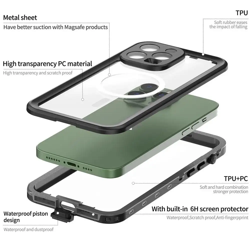 Водонепроницаемый чехол с магнитной зарядкой IP68 для Apple iPhone 15 Pro Max Plus, ударопрочный чехол для дайвинга, плавания, спорта на открытом воздухе, 2023 (art.: 3920c331c7813) - 3920c331c7813