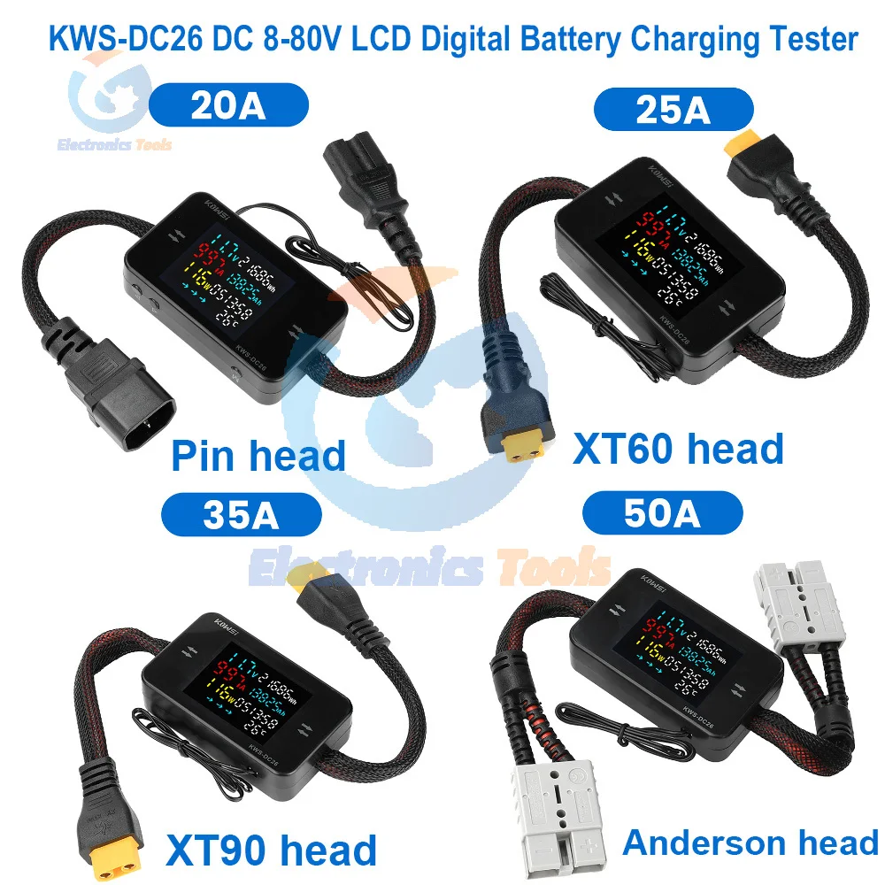 KWS-DC26 디지털 볼트미터 암페어미터 DC8-80V 전력 에너지 미터 컬러 스크린 전기차 배터리 충전 감지기 0-50A