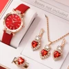 5 Women's Quartz Watches With Red Leather Straps, Heart-shaped Necklaces, Earrings, And Rings. Gifts For Eid Al Fitr 1