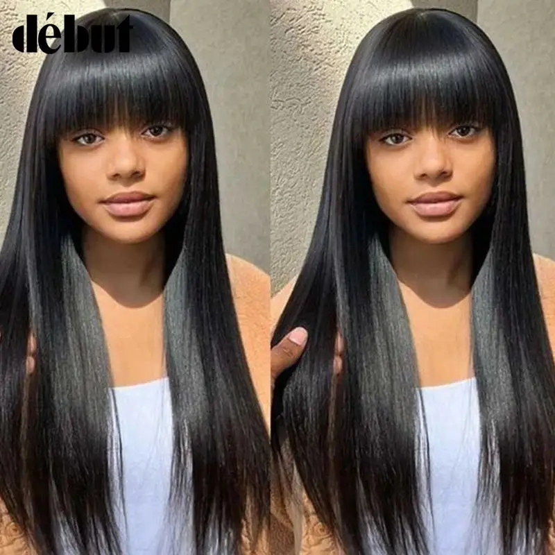 

Debut Straight Human Hair Wigs With Bangs NATURAL Brazilian 100% Remy Human Hair Wigs Hair 28'' Cheap Full Wigs Free Ship
