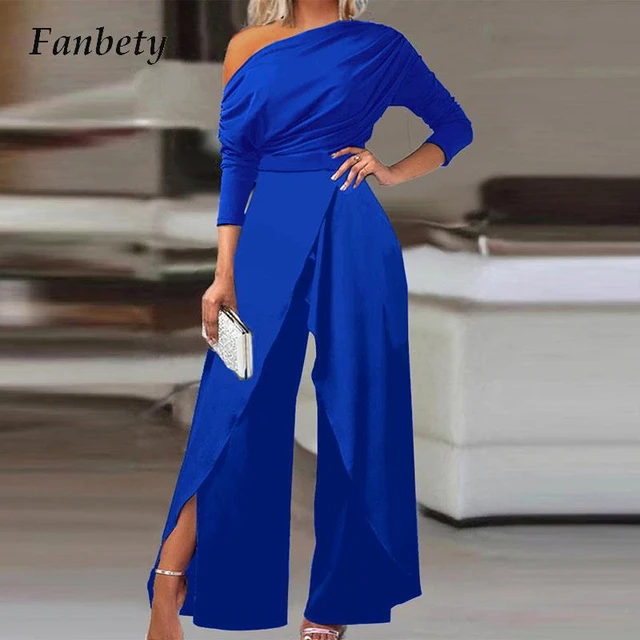 Sky Blue Satin Formal Jumpsuit Evening Wear With Pockets Modern