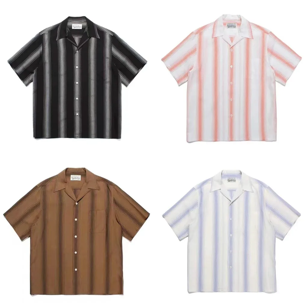 Summer WACKO MARIA Stripe Printing Shirt Men Women Top Quality Hawaiian Shirts Short Sleeve Lapel Collar Tee