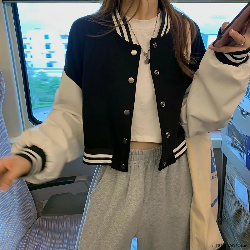 

Women Drop Shoulder Two Tone Crop Bomber Jacket Button Coat Long Sleeve Top Casual Basic Jackets Plain Autumn Winter Black