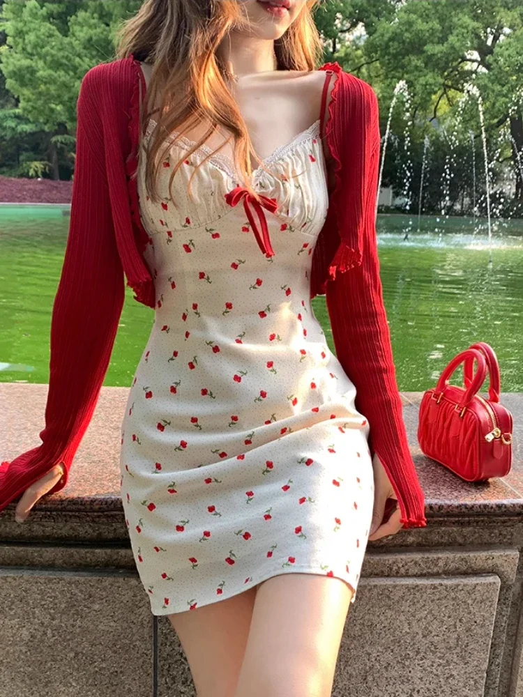 2023 Autumn New Sweet 2 Piece Dress Set Woman Red Short Cardigan Tops +  Strap Floral Y2k Mini Dress Party Korean Fashion Suit - AliExpress 200000345